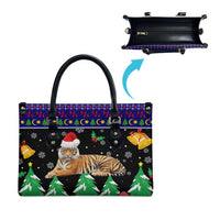 Malaysia Christmas Leather Bag with Tiger Santa Hat Snowflakes and Holiday Tree Pattern - Wonder Print Shop