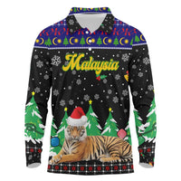 Malaysia Christmas Long Sleeve Polo Shirt with Tiger Santa Hat Snowflakes and Holiday Tree Pattern - Wonder Print Shop