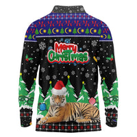 Malaysia Christmas Long Sleeve Polo Shirt with Tiger Santa Hat Snowflakes and Holiday Tree Pattern - Wonder Print Shop