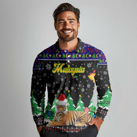 Malaysia Christmas Long Sleeve Polo Shirt with Tiger Santa Hat Snowflakes and Holiday Tree Pattern - Wonder Print Shop