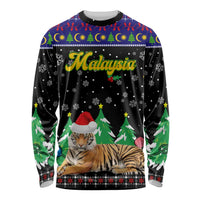Malaysia Christmas Long Sleeve Shirt with Tiger Santa Hat Snowflakes and Holiday Tree Pattern - Wonder Print Shop