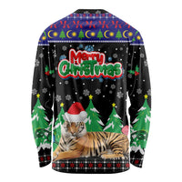 Malaysia Christmas Long Sleeve Shirt with Tiger Santa Hat Snowflakes and Holiday Tree Pattern - Wonder Print Shop