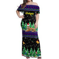 Malaysia Christmas Off Shoulder Maxi Dress with Tiger Santa Hat Snowflakes and Holiday Tree Pattern - Wonder Print Shop