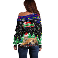 Malaysia Christmas Off Shoulder Sweater with Tiger Santa Hat Snowflakes and Holiday Tree Pattern - Wonder Print Shop