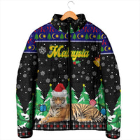 Malaysia Christmas Padded Jacket with Tiger Santa Hat Snowflakes and Holiday Tree Pattern - Wonder Print Shop