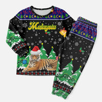 Malaysia Christmas Pajama Set with Tiger Santa Hat Snowflakes and Holiday Tree Pattern - Wonder Print Shop