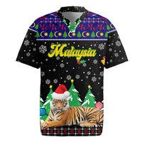 Malaysia Christmas Rugby Jersey with Tiger Santa Hat Snowflakes and Holiday Tree Pattern - Wonder Print Shop