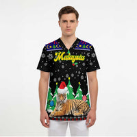 Malaysia Christmas Scrub Top with Tiger Santa Hat Snowflakes and Holiday Tree Pattern - Wonder Print Shop