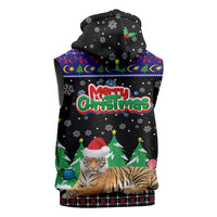 Malaysia Christmas Sleeveless Hoodie with Tiger Santa Hat Snowflakes and Holiday Tree Pattern - Wonder Print Shop
