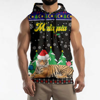 Malaysia Christmas Sleeveless Hoodie with Tiger Santa Hat Snowflakes and Holiday Tree Pattern - Wonder Print Shop