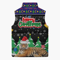 Malaysia Christmas Sleeveless Puffer Jacket with Tiger Santa Hat Snowflakes and Holiday Tree Pattern - Wonder Print Shop