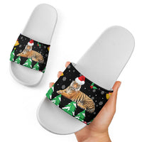 Malaysia Christmas Slide Sandals with Tiger Santa Hat Snowflakes and Holiday Tree Pattern - Wonder Print Shop