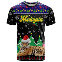 Malaysia Christmas T Shirt with Tiger Santa Hat Snowflakes and Holiday Tree Pattern - Wonder Print Shop