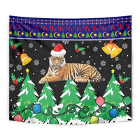 Malaysia Christmas Tapestry with Tiger Santa Hat Snowflakes and Holiday Tree Pattern - Wonder Print Shop
