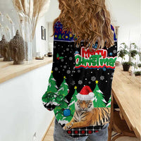 Malaysia Christmas Women Casual Shirt with Tiger Santa Hat Snowflakes and Holiday Tree Pattern - Wonder Print Shop