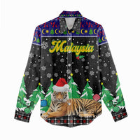 Malaysia Christmas Women Casual Shirt with Tiger Santa Hat Snowflakes and Holiday Tree Pattern - Wonder Print Shop