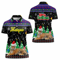 Malaysia Christmas Women Polo Shirt with Tiger Santa Hat Snowflakes and Holiday Tree Pattern - Wonder Print Shop