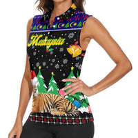 Malaysia Christmas Women Sleeveless Polo Shirt with Tiger Santa Hat Snowflakes and Holiday Tree Pattern - Wonder Print Shop