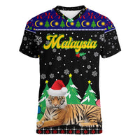 Malaysia Christmas Women V-Neck T-Shirt with Tiger Santa Hat Snowflakes and Holiday Tree Pattern - Wonder Print Shop