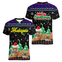 Malaysia Christmas Women V-Neck T-Shirt with Tiger Santa Hat Snowflakes and Holiday Tree Pattern - Wonder Print Shop