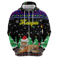 Malaysia Christmas Zip Hoodie with Tiger Santa Hat Snowflakes and Holiday Tree Pattern - Wonder Print Shop