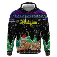 Malaysia Christmas Zip Hoodie with Tiger Santa Hat Snowflakes and Holiday Tree Pattern - Wonder Print Shop