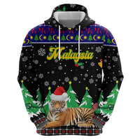 Malaysia Christmas Zip Hoodie with Tiger Santa Hat Snowflakes and Holiday Tree Pattern - Wonder Print Shop