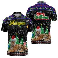 Malaysia Christmas Zipper Polo Shirt with Tiger Santa Hat Snowflakes and Holiday Tree Pattern - Wonder Print Shop