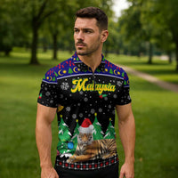 Malaysia Christmas Zipper Polo Shirt with Tiger Santa Hat Snowflakes and Holiday Tree Pattern - Wonder Print Shop