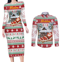 Maldives Christmas Couples Matching Long Sleeve Bodycon Dress and Long Sleeve Button Shirt with Santa Claus Hammock Palm Trees and Tropical - Wonder Print Shop