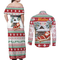 Maldives Christmas Couples Matching Off Shoulder Maxi Dress and Long Sleeve Button Shirt with Santa Claus Hammock Palm Trees and Tropical - Wonder Print Shop