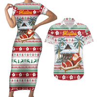 Maldives Christmas Couples Matching Short Sleeve Bodycon Dress and Hawaiian Shirt with Santa Claus Hammock Palm Trees and Tropical - Wonder Print Shop