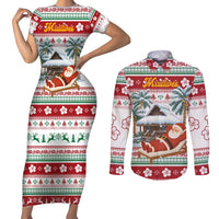 Maldives Christmas Couples Matching Short Sleeve Bodycon Dress and Long Sleeve Button Shirt with Santa Claus Hammock Palm Trees and Tropical - Wonder Print Shop