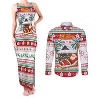 Maldives Christmas Couples Matching Tank Maxi Dress and Long Sleeve Button Shirt with Santa Claus Hammock Palm Trees and Tropical - Wonder Print Shop