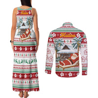 Maldives Christmas Couples Matching Tank Maxi Dress and Long Sleeve Button Shirt with Santa Claus Hammock Palm Trees and Tropical - Wonder Print Shop