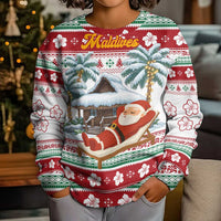 Maldives Christmas Kid Ugly Christmas Sweater with Santa Claus Hammock Palm Trees and Tropical - Wonder Print Shop