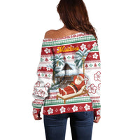 Maldives Christmas Off Shoulder Sweater with Santa Claus Hammock Palm Trees and Tropical - Wonder Print Shop