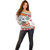 Maldives Christmas Off Shoulder Sweater with Santa Claus Hammock Palm Trees and Tropical - Wonder Print Shop