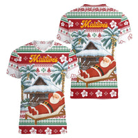 Maldives Christmas Women V-Neck T-Shirt with Santa Claus Hammock Palm Trees and Tropical - Wonder Print Shop