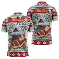 Maldives Christmas Zipper Polo Shirt with Santa Claus Hammock Palm Trees and Tropical - Wonder Print Shop