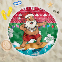 Maldives Christmas Beach Blanket with Surfing Santa Claus Tropical Flowers and Holiday Wave - Wonder Print Shop