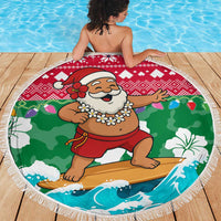 Maldives Christmas Beach Blanket with Surfing Santa Claus Tropical Flowers and Holiday Wave - Wonder Print Shop
