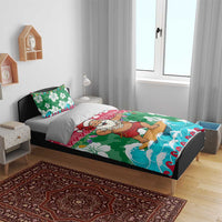 Maldives Christmas Bedding Set with Surfing Santa Claus Tropical Flowers and Holiday Wave - Wonder Print Shop