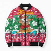 Maldives Christmas Bomber Puffer Jacket with Surfing Santa Claus Tropical Flowers and Holiday Wave - Wonder Print Shop