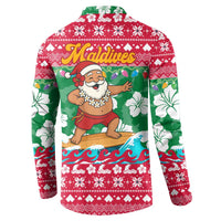 Maldives Christmas Button Sweatshirt with Surfing Santa Claus Tropical Flowers and Holiday Wave - Wonder Print Shop