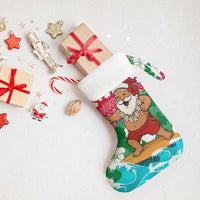 Maldives Christmas Stocking with Surfing Santa Claus Tropical Flowers and Holiday Wave - Wonder Print Shop