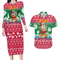 Maldives Christmas Couples Matching Long Sleeve Bodycon Dress and Hawaiian Shirt with Surfing Santa Claus Tropical Flowers and Holiday Wave - Wonder Print Shop