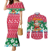 Maldives Christmas Couples Matching Mermaid Dress and Long Sleeve Button Shirt with Surfing Santa Claus Tropical Flowers and Holiday Wave - Wonder Print Shop