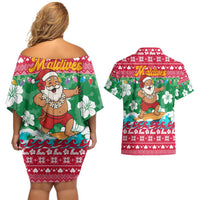 Maldives Christmas Couples Matching Off Shoulder Short Dress and Hawaiian Shirt with Surfing Santa Claus Tropical Flowers and Holiday Wave - Wonder Print Shop