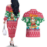 Maldives Christmas Couples Matching Off The Shoulder Long Sleeve Dress and Hawaiian Shirt with Surfing Santa Claus Tropical Flowers and Holiday Wave - Wonder Print Shop